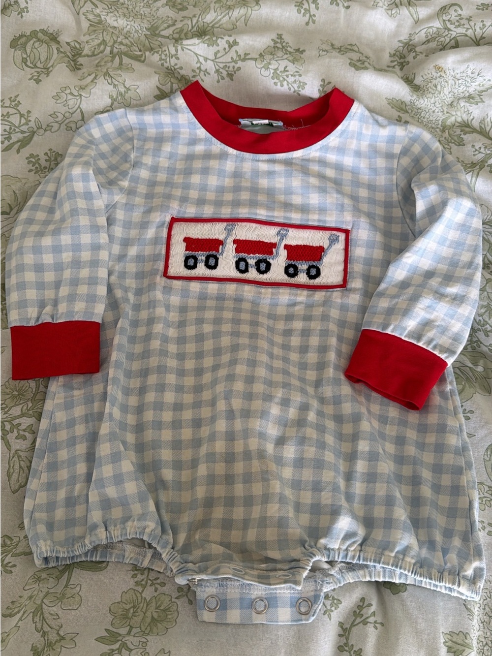 Blue Gingham Long-Sleeve One-Piece with Red Trim and Train Appliqué